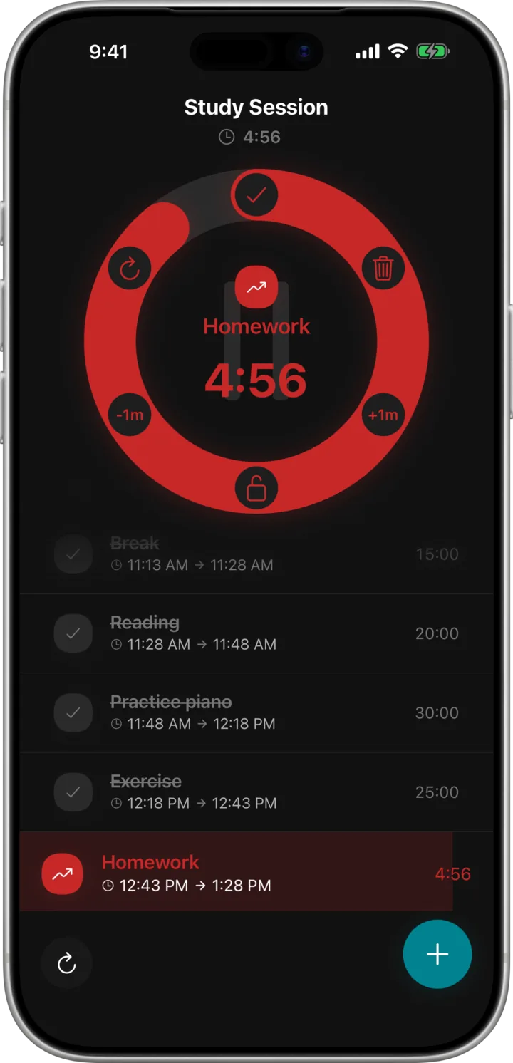 The same dial and task list rendered in dark mode