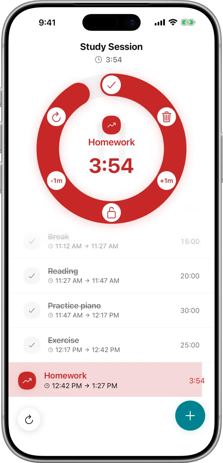 Study Session running on the circular dial, with Homework at 3:54 and the finished tasks listed below