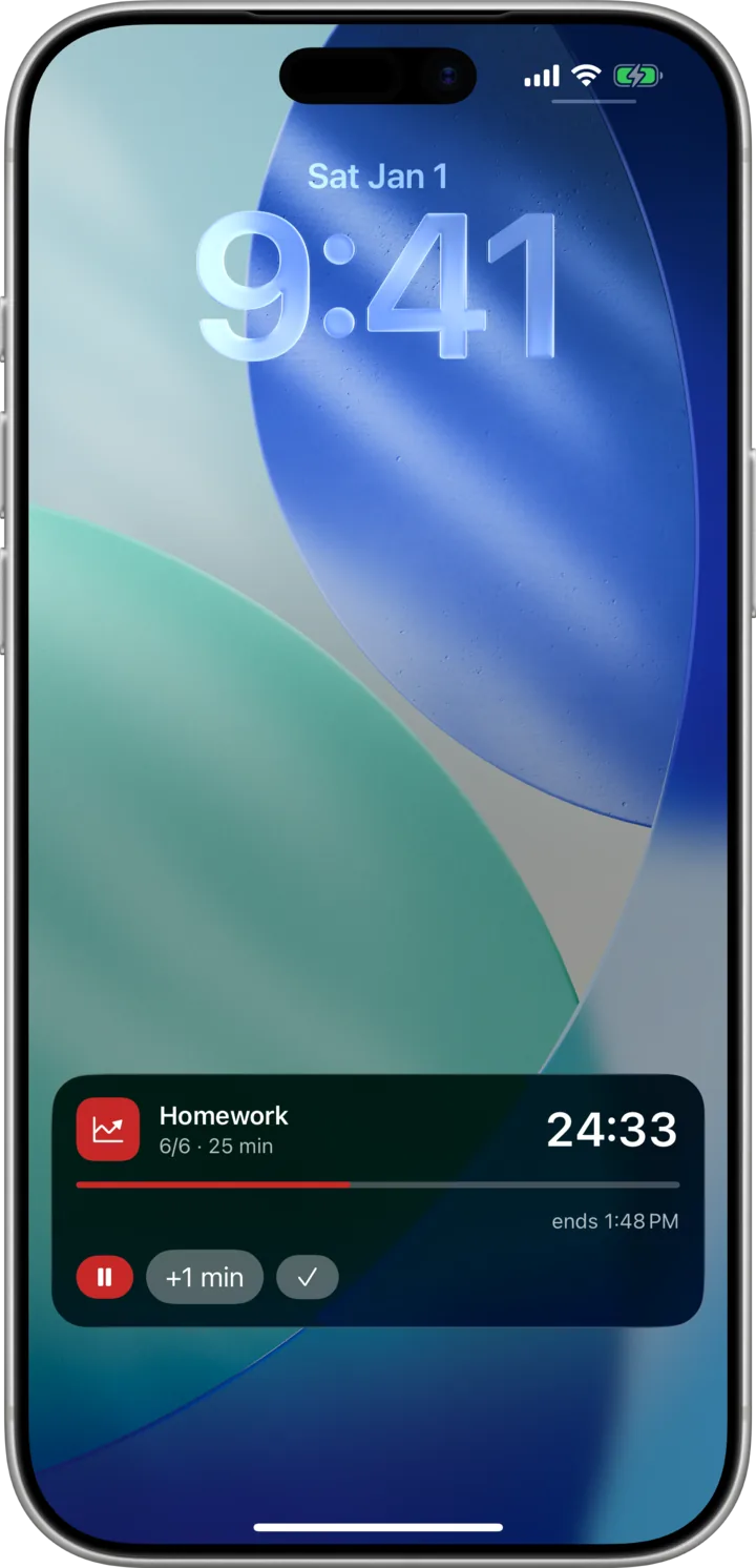 Lock screen Live Activity showing Homework at 24:33 with pause, add a minute, and complete controls