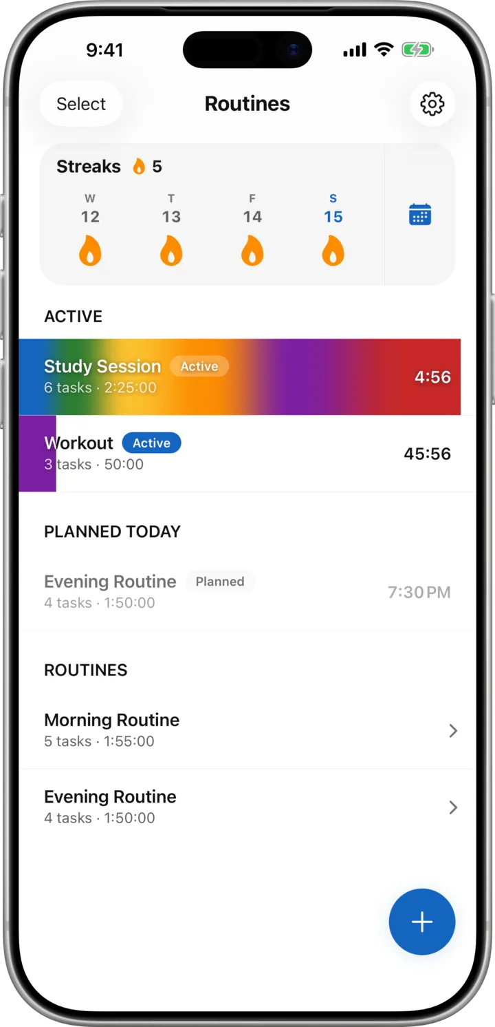 Routines screen with Study Session and Workout running at the same time and an evening routine planned