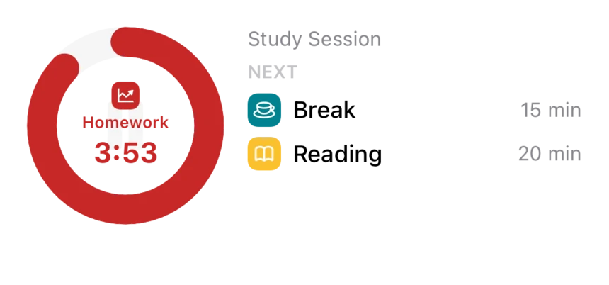 Medium widget showing the Homework countdown alongside the next tasks in the Study Session routine